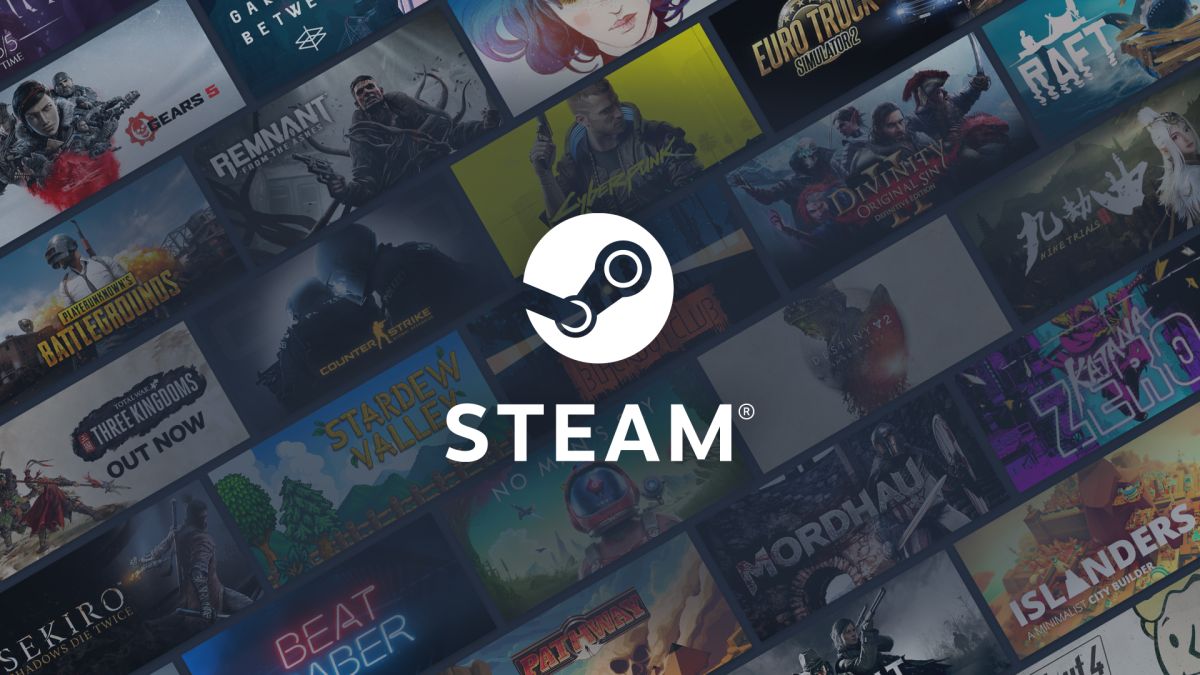 Steam logo met allemaal spelletjes in de achtergrond